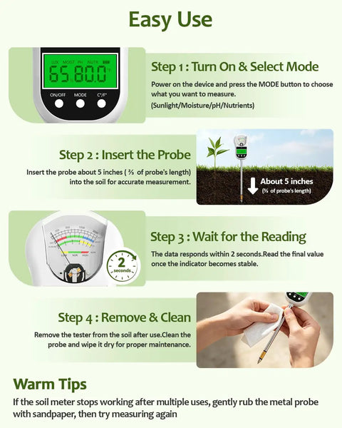 7 In 1 Soil Test Kit With Moisture, PH, Light Intensity, Fertility, Temperature, Humidity And Air Temperature Readouts, Dual Large Display For Garden, Lawn, Farm, Indoor And Outdoor Plants, Warm White easy-use guide