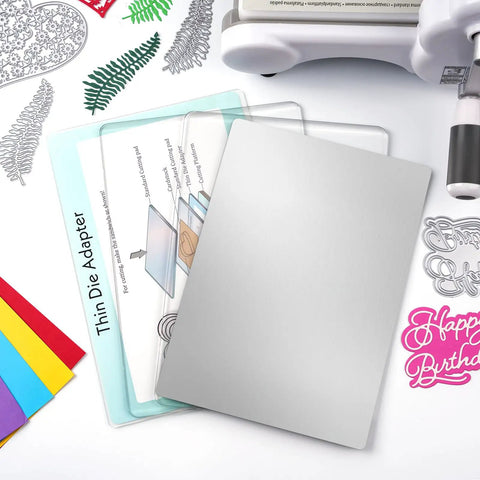 3 Piece Die Cutting Pad And Shim Set For Standard Die Cutting Machines, Clear Polycarbonate Cutting Pads With Stainless Adapter Plate, Perfect For Scrapbooking, Card Making, And Paper Craft Projects with fern and birthday die cuts