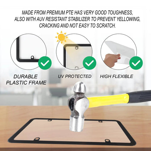 Demonstration of 2Pack Transparent License Plate Cover And Frame Set with hammer testing unbreakable plastic frame.