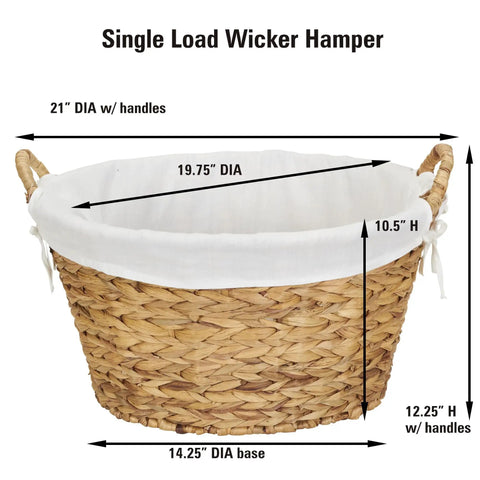 Round Wicker Laundry Basket With Easy Carry Handles, Water Hyacinth Construction, 21" DIA, Removable Polyester Liner