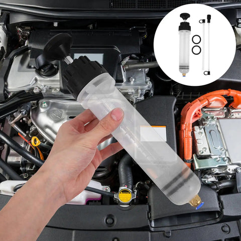 200cc Manual Oil Fluid Extractor Pump For Car Engine And Brake Fluid Change, Portable Easy Grip Suction Tool For Quick Fluid Transfer And Maintenance, DIY Auto Care, hand-held plastic pump in engine bay