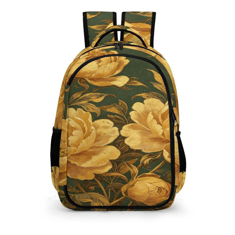 Dark Green Canvas Printed Unisex Backpack With Large Capacity For Everyday Carry Durable Polyester Build Breathable Design Peony Pattern