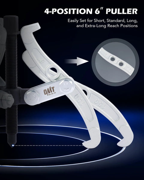 Three Jaw Gear And Bearing Puller Set With 3 Inch 4 Inch 6 Inch Sizes, showing 6-inch 4-position heavy duty puller with reversible jaws.