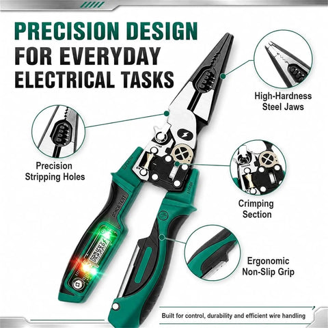Hella Durable 4 In 1 Electrician Pliers With Built In Smart Voltage Tester, detail showing ergonomic non-slip grip and precision design.