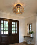 Dope Boho Semi Flush Mount Ceiling Light With Woven Hemp Rope Cage And Rattan Wicker Rustic Charm in modern entryway.