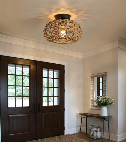 Dope Boho Semi Flush Mount Ceiling Light With Woven Hemp Rope Cage And Rattan Wicker Rustic Charm in modern entryway.