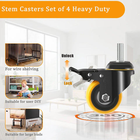 Heavy Duty 3 Inch Swivel Caster Wheels With Standard 3/8 Threaded Stem Set Of 4 for wire shelving with lock feature.