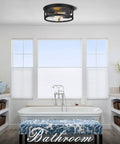 Super Cool Black Flush Mount Ceiling Light With Metal Cage Design And Seeded Glass Shade in a bright bathroom setting