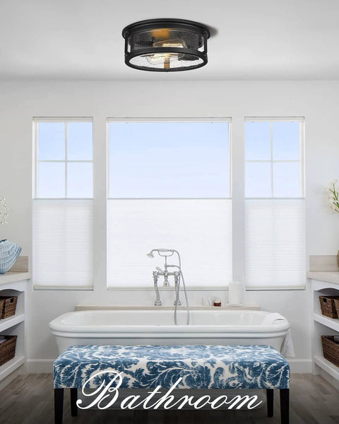 Super Cool Black Flush Mount Ceiling Light With Metal Cage Design And Seeded Glass Shade in a bright bathroom setting