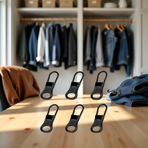 6 Pack Black Detachable Zipper Pull Replacements Kit for Jackets, Pants, Coats, Shoes, Bags, Luggage on wooden table