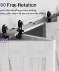 360 view of 72-Inch Bi-Folding Sliding Barn Door Hardware Kit For Four Doors With Black Top Mount Track, showing roller wheels.