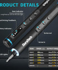 Mini Electric Screwdriver Set 49-In-1 Precision Torque For Delicate Electronics And Diy Repairs Cordless Rechargeable Tool showing gear features and indicators.