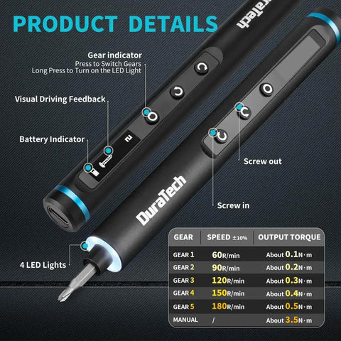 Mini Electric Screwdriver Set 49-In-1 Precision Torque For Delicate Electronics And Diy Repairs Cordless Rechargeable Tool showing gear features and indicators.