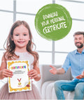 Smiling girl holding a certificate in a bright room with joyful man in the background and text 'Download Your Personal Certificate'.