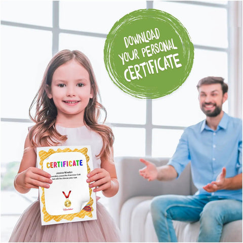 Smiling girl holding a certificate in a bright room with joyful man in the background and text 'Download Your Personal Certificate'.