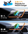 MagSafe Car Mount Charger With Strong Magnets For Fast Wireless Charging 15W demonstrating air vent clip and hook installation.