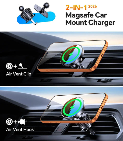 MagSafe Car Mount Charger With Strong Magnets For Fast Wireless Charging 15W demonstrating air vent clip and hook installation.