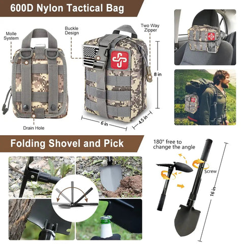 600D nylon tactical bag camo pattern and folding shovel from 238 Piece Emergency Survival Kit With First Aid Tools Tactical Molle Pouch Emergency Tent And Blanket 22 In 1 Multi Tool Ideal For Earthquakes Outdoor Adventure Camping Hiking Hunting