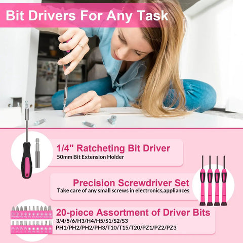 Pink 40 Piece Hand Tool Kit Set With Storage Toolbox For DIY Home Office Garage And Dorm Use Includes Hex Keys