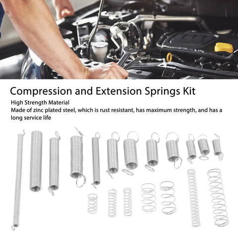 200 Piece Heavy Duty Compression And Extension Springs Assortment Kit With 20 Varied Styles Zinc Plated Steel Set Perfect For Car Mods, DIY Fixes, And Home Repairs In A Handy Storage Box. Assorted zinc plated steel springs for auto repair and home use