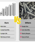 Comparison between Stainless Steel Dowel Pin Kit 110 Piece 22 Sizes and other dowel pins with features listed.