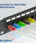 Cat5e And Cat6 RJ45 Pass Through Connectors With Strain Relief Boots 100 Pack No Fuss EZ Crimp Modular Plugs For Solid And Stranded UTP Ethernet Cables Color Coded Boots For Quick Home Network Cable Management installed in a patch panel