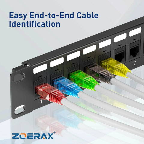 Cat5e And Cat6 RJ45 Pass Through Connectors With Strain Relief Boots 100 Pack No Fuss EZ Crimp Modular Plugs For Solid And Stranded UTP Ethernet Cables Color Coded Boots For Quick Home Network Cable Management installed in a patch panel
