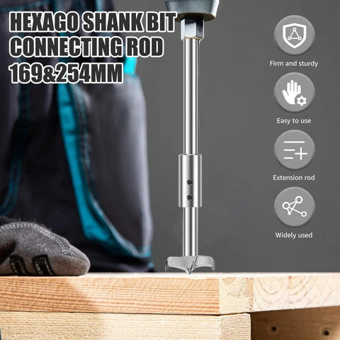 2 Piece Forstner Bit Extension Kit With Slick 3/8 Inch Shank Grip, showing a hexagonal connecting rod on wooden surface.