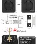 Dimensions and components of Black Pocket Door Lock For Sliding Doors With Privacy Latch And Rounded Corner Square Hardware.