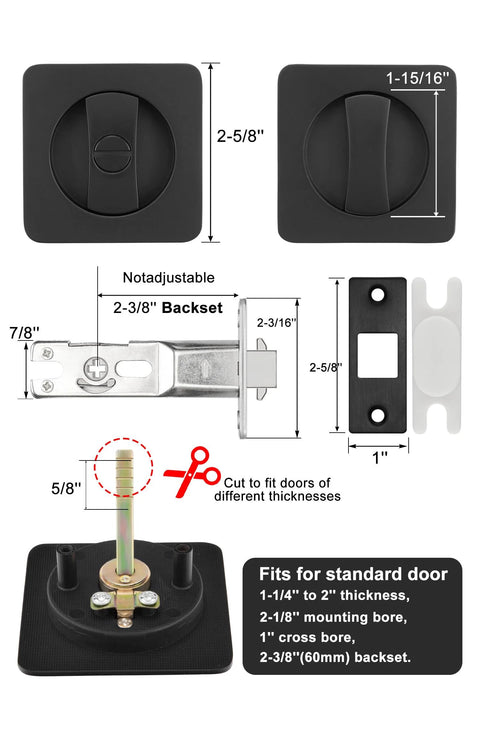Dimensions and components of Black Pocket Door Lock For Sliding Doors With Privacy Latch And Rounded Corner Square Hardware.