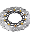 Drop In 300Mm Front Brake Disc Rotor With Stainless Steel Floating Design And Wavy Cooling Ribs For Rock Solid Stopping Power On 2017 To 2025 Dirt Bikes Featuring Cnc Aluminum Hub In Gold, viewed from above.