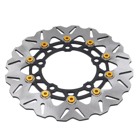 Drop In 300Mm Front Brake Disc Rotor With Stainless Steel Floating Design And Wavy Cooling Ribs For Rock Solid Stopping Power On 2017 To 2025 Dirt Bikes Featuring Cnc Aluminum Hub In Gold, viewed from above.