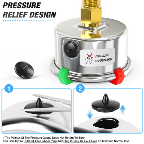 Rock Solid Stainless Steel Vacuum Gauge Reads Dead Accurate With A Weatherproof Two Inch Dial And One Quarter Inch NPT Thread Built Heavy Duty For HVAC And Air System Service Featuring A Locked Lower Mount Design That Stays Put For Zero Fuss Performance showing pressure relief design and installation instructions.