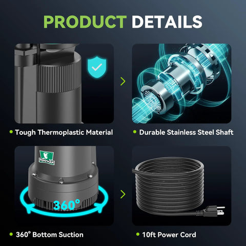 Image showcasing Compact One Quarter Horsepower Portable Water Pump That Delivers Up To 2110 GPH With A 25 Ft Head For Pool Basement Hot Tub And Garden Drainage 120V Electric Sump Pump With Garden Hose Check Valve Adapter materials and design features, including tough thermoplastic material, durable stainless steel shaft, 360-degree bottom suction, and 10ft power cord.