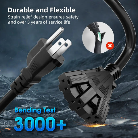 50 Ft Outdoor Extension Cord With Three Outlets Waterproof Heavy Duty 16 Gauge Three Conductor SJTW 3 Prong Grounded Cable