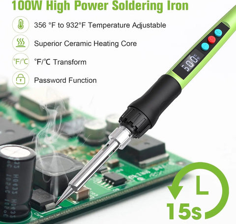 100W LED Digital Soldering Iron Kit with Ceramic Heater, quick 15 second heat up, adjustable temperature pro grade in use