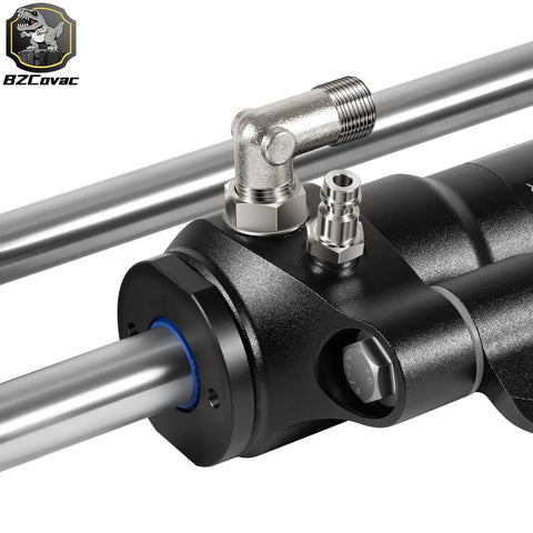 Close-up of Beefy Front Mount Hydraulic Outboard Steering Cylinder Handles Up To Three Hundred Fifty Horsepower Engines With Ease