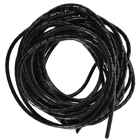 Slick Black Spiral Cable Wrap Tube Ten Meter Cord Manager for PCs, showing coiled black corrugated tubing for wire organization.