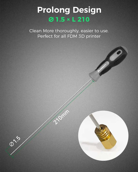 Clog Poke Nozzle Cleaning Kit For 1.75mm FDM 3D Printers, 1.5mm Extruder Cleaner With Arrow Tip, 210mm Cleaning Rod shown with nozzle