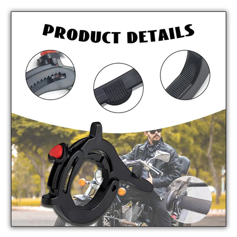 Image showing Universal Motorcycle Throttle Lock With Silicone Protective Ring For Hand Fatigue Relief And Grip Friendly Hold Adjustable Clamp Fits 1.18 To 1.57 Inches Compatible With Motorcycles E Bikes And Scooters Durable Black with product details and rider in the background.