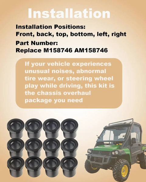 Premium Upper And Lower A Arm Suspension Bushings With Flanged Sleeve Isolators For John Deere Gator Xuv 625i 825i 855d 4x4 5e 6e 6d Ridin Smooth Badass Heavy Duty Replacement Parts installation instructions and 12 black bushings on a light background.