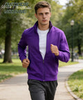 Man jogging in Mens Purple Full Zip Sweatshirt With Stand Collar No Hood Plush Fleece Lining Zip Up Cardigan Style Jacket