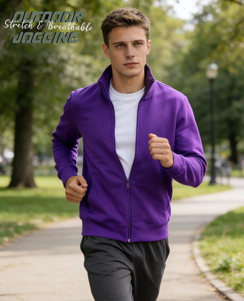 Man jogging in Mens Purple Full Zip Sweatshirt With Stand Collar No Hood Plush Fleece Lining Zip Up Cardigan Style Jacket
