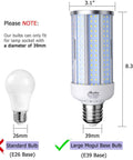 Comparison of 60W LED Corn Light Bulb With E39 Mogul Base to standard E26 bulb, highlighting base size and fit with dimensions.