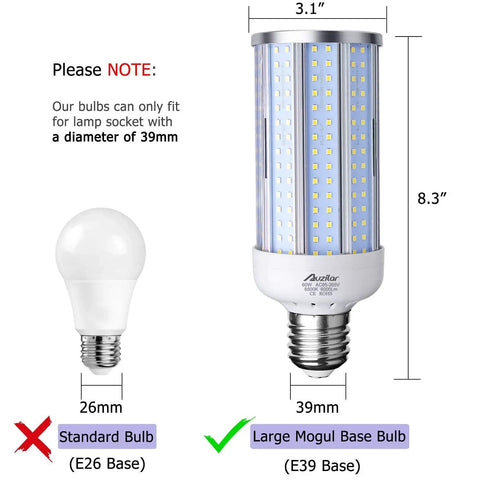Comparison of 60W LED Corn Light Bulb With E39 Mogul Base to standard E26 bulb, highlighting base size and fit with dimensions.