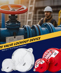 Red ABS Gate Valve Lockout With Padlock For Two Point Five To Five Inch Handles shown with valve and worker
