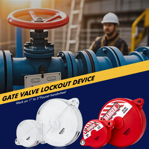 Red ABS Gate Valve Lockout With Padlock For Two Point Five To Five Inch Handles shown with valve and worker