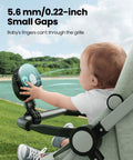 Baby sitting in stroller touching Mini Portable Stroller Fan Clip On Battery Operated Detachable 3 Speed Rechargeable 360 Degree Rotating Flexible Tripod For Car Seat Crib Travel On The Go Quiet Safe For Baby Black, highlighting small gaps for safety.