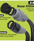 Close-up of 3/4-inch male and female hose fittings for Flat Soaker Hose With Holes 50 Ft For Lawn And Garden Watering.