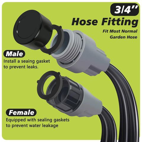 Close-up of 3/4-inch male and female hose fittings for Flat Soaker Hose With Holes 50 Ft For Lawn And Garden Watering.